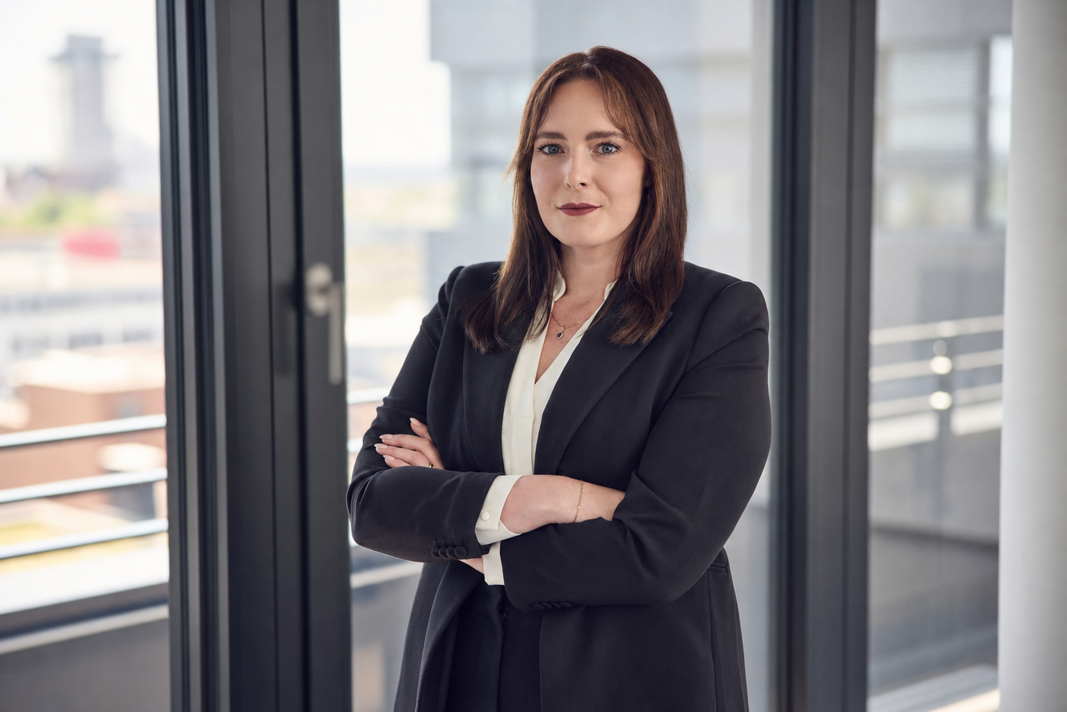Eine Frau mit langen, braunen Haaren steht selbstbewusst vor einem Fenster in einem modernen Bürogebäude, sie trägt einen schwarzen Blazer und hat die Arme gekreuzt.